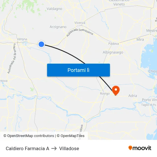 Caldiero Farmacia A to Villadose map