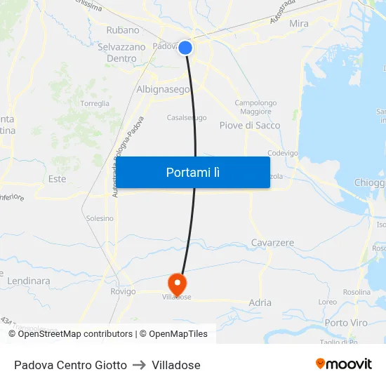 Padova Centro Giotto to Villadose map