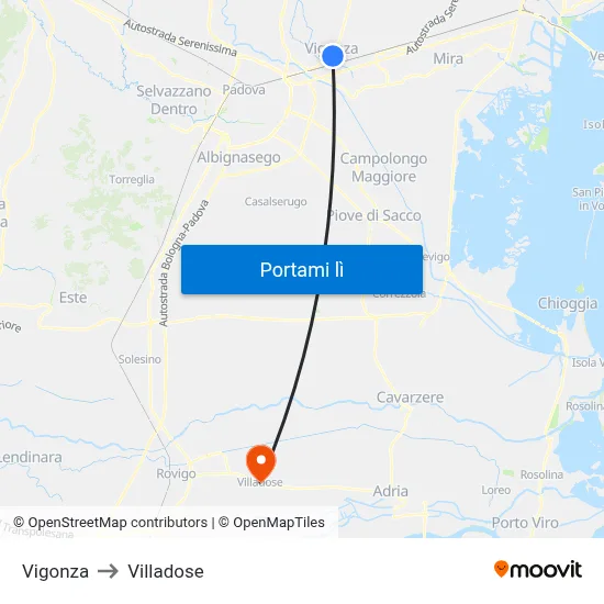 Vigonza to Villadose map
