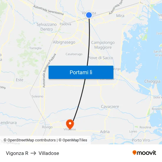 Vigonza R to Villadose map