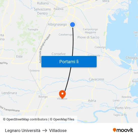 Legnaro Università to Villadose map