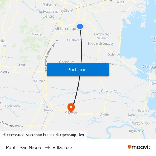 Ponte San Nicolò to Villadose map