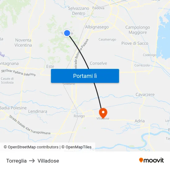 Torreglia to Villadose map