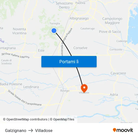 Galzignano to Villadose map