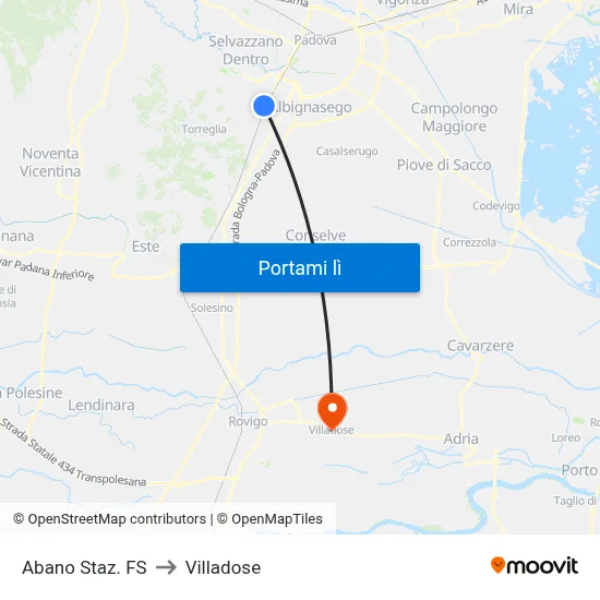 Abano Staz. FS to Villadose map
