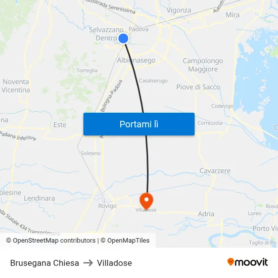 Brusegana Chiesa to Villadose map