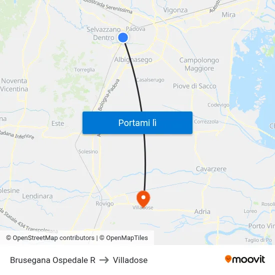 Brusegana Ospedale R to Villadose map