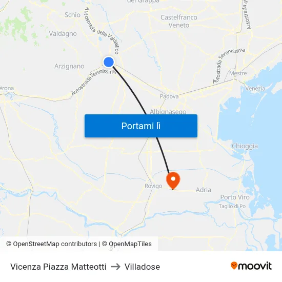 Vicenza Piazza Matteotti to Villadose map