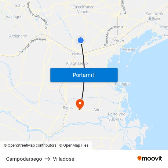 Campodarsego to Villadose map