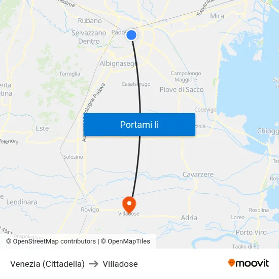 Venezia (Cittadella) to Villadose map
