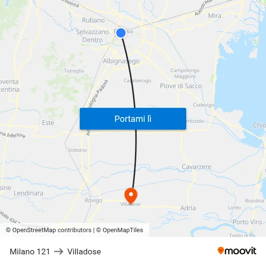 Milano 121 to Villadose map