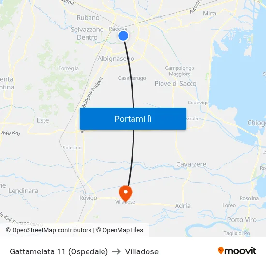 Gattamelata 11 (Ospedale) to Villadose map