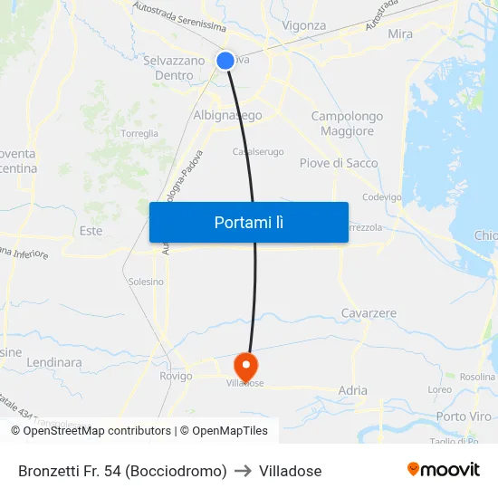 Bronzetti Fr. 54 (Bocciodromo) to Villadose map