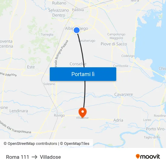 Roma 111 to Villadose map