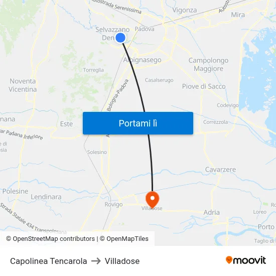 Capolinea Tencarola to Villadose map