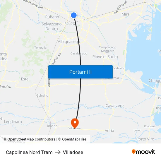 Capolinea Nord Tram to Villadose map