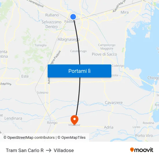Tram San Carlo R to Villadose map