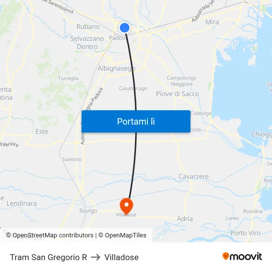 Tram San Gregorio R to Villadose map