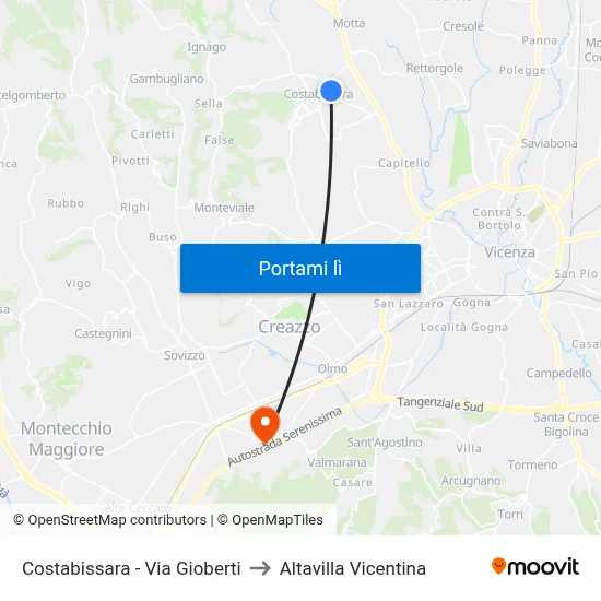 Costabissara - Via Gioberti to Altavilla Vicentina map