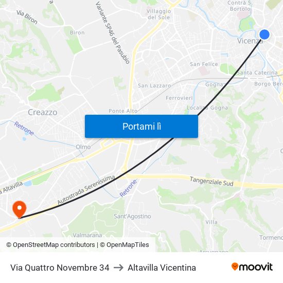 Via Quattro Novembre 34 to Altavilla Vicentina map