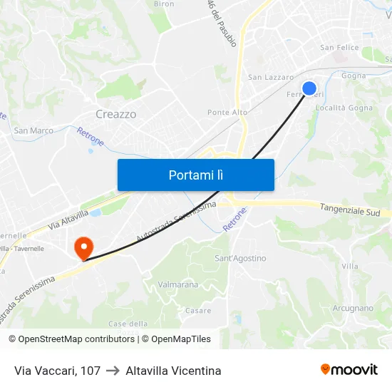 Via Vaccari, 107 to Altavilla Vicentina map