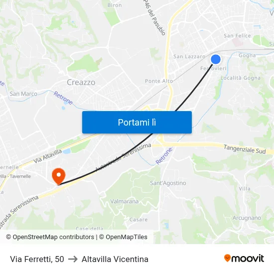 Via Ferretti, 50 to Altavilla Vicentina map