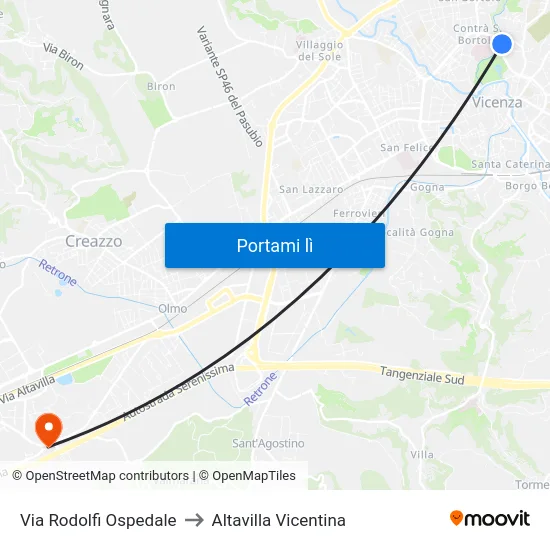 Via Rodolfi Ospedale to Altavilla Vicentina map