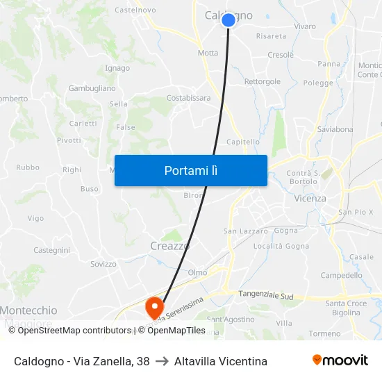 Caldogno - Via Zanella, 38 to Altavilla Vicentina map