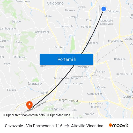 Cavazzale - Via Parmesana, 116 to Altavilla Vicentina map