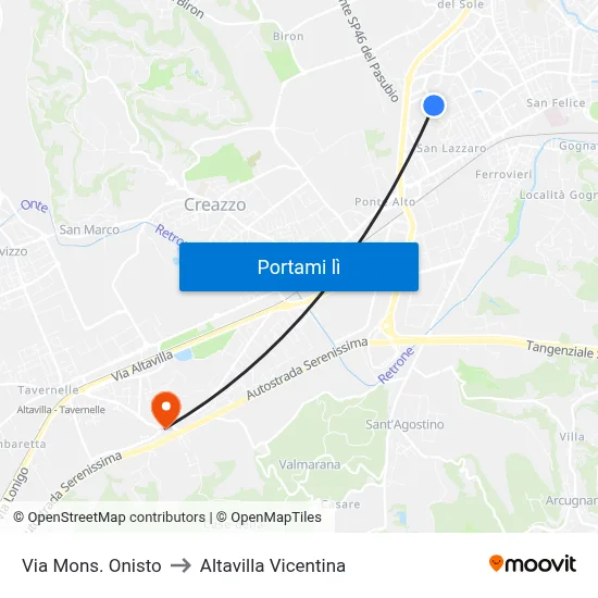 Via Mons. Onisto to Altavilla Vicentina map