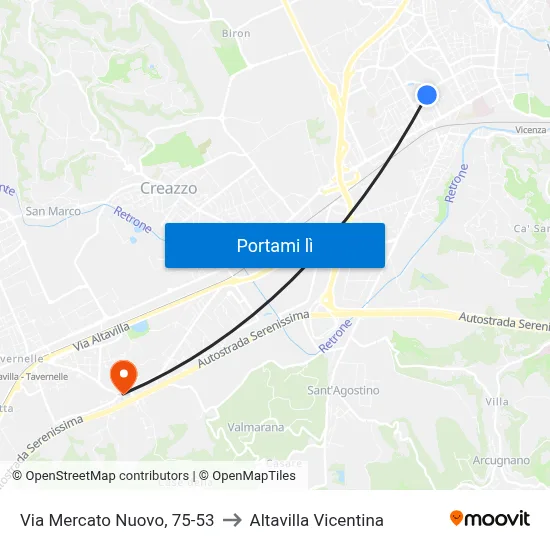 Via Mercato Nuovo, 75-53 to Altavilla Vicentina map