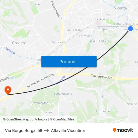 Via Borgo Berga, 58 to Altavilla Vicentina map