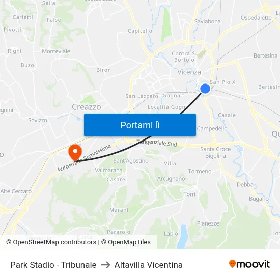 Park Stadio - Tribunale to Altavilla Vicentina map