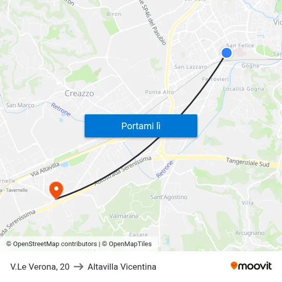 V.Le Verona, 20 to Altavilla Vicentina map