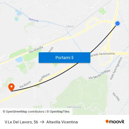 V.Le Del Lavoro, 56 to Altavilla Vicentina map
