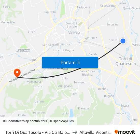 Torri Di Quartesolo - Via Ca' Balbi, 1 to Altavilla Vicentina map