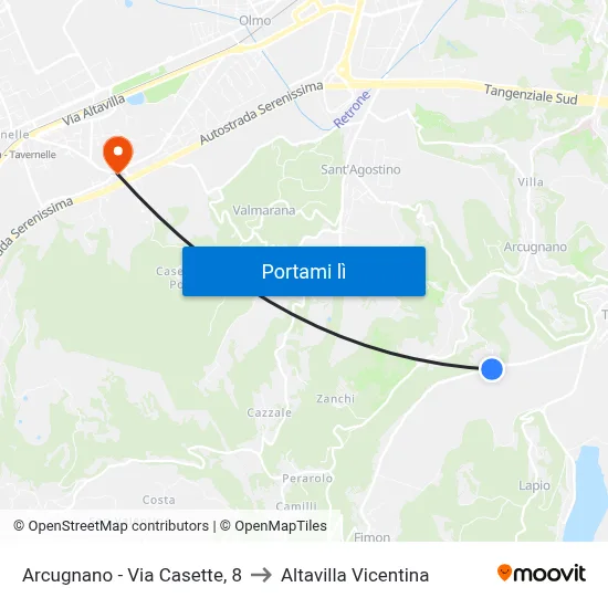 Arcugnano - Via Casette, 8 to Altavilla Vicentina map