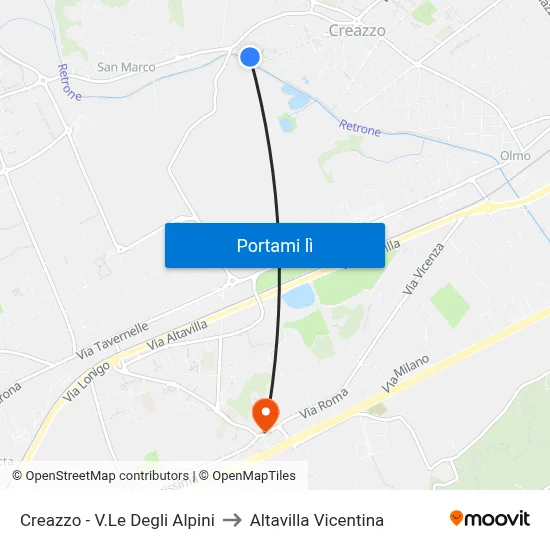 Creazzo - V.Le Degli Alpini to Altavilla Vicentina map