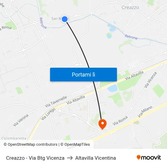 Creazzo - Via Btg Vicenza to Altavilla Vicentina map