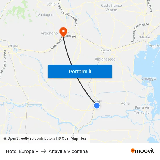 Hotel Europa R to Altavilla Vicentina map