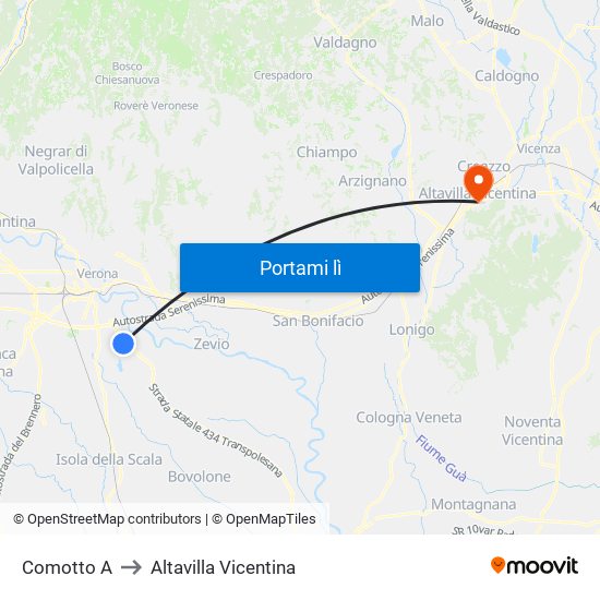 Comotto A to Altavilla Vicentina map
