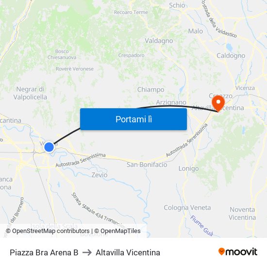 Piazza Bra Arena B to Altavilla Vicentina map