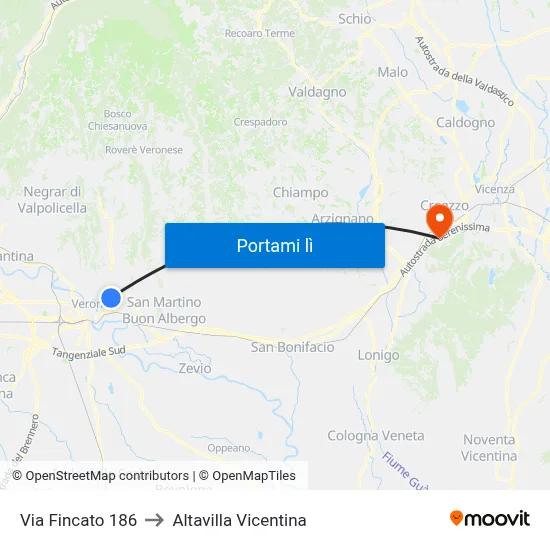 Via Fincato 186 to Altavilla Vicentina map