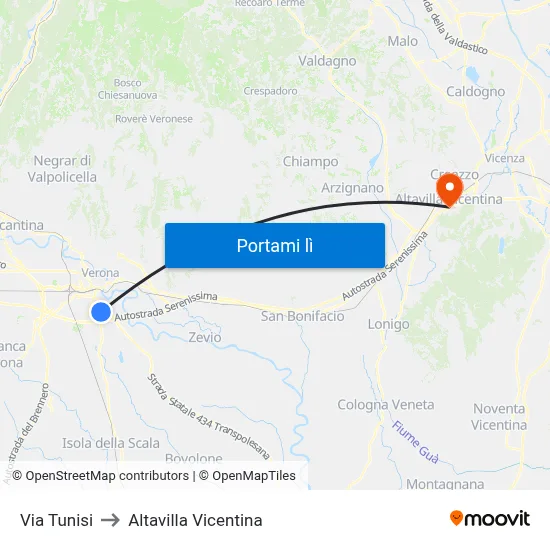 Via Tunisi to Altavilla Vicentina map