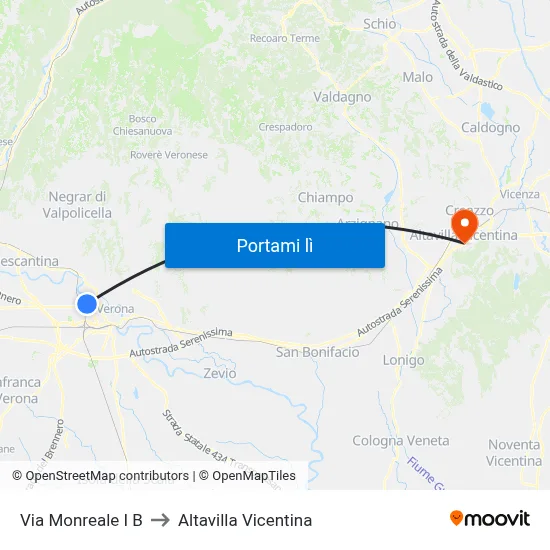 Via Monreale I B to Altavilla Vicentina map