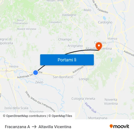 Fracanzana A to Altavilla Vicentina map