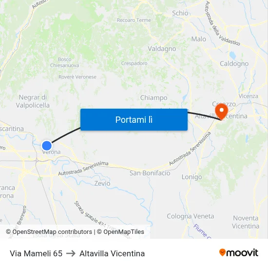 Via Mameli 65 to Altavilla Vicentina map