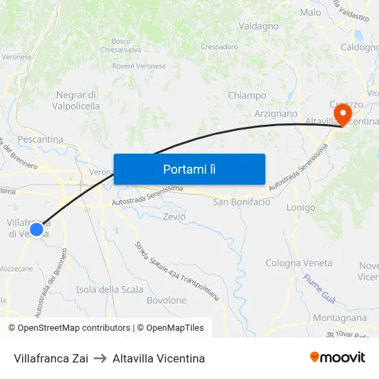 Villafranca Zai to Altavilla Vicentina map