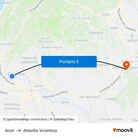 Arce' to Altavilla Vicentina map