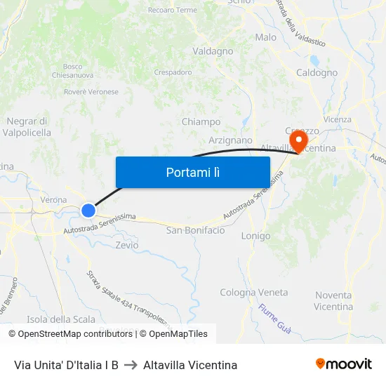 Via Unita' D'Italia I B to Altavilla Vicentina map